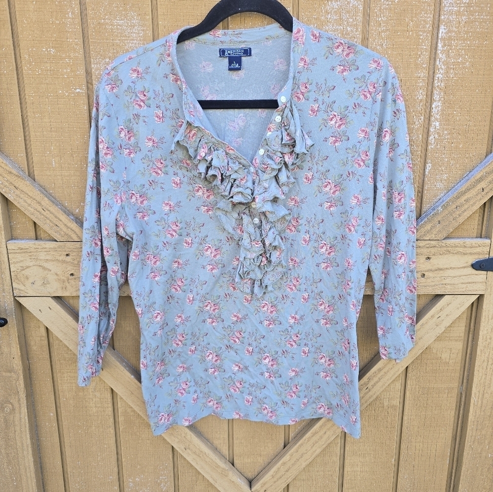 American Living Floral Ruffle Blouse - Blue and Pink